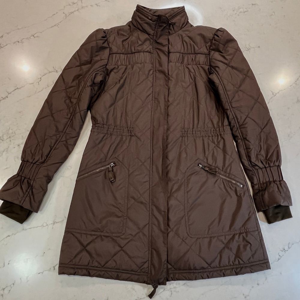 Title Nine Quilted Coat‎ Jacket Womens Medium Brown Diamond Quilt Stowaway Hood